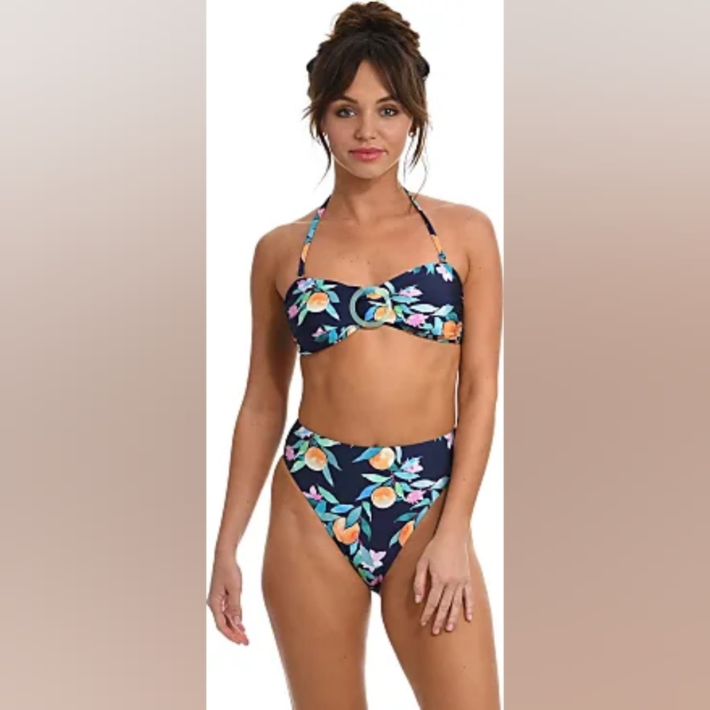 NWT Sunshine 79 High Waist‎ Bandeau Peach's Fruit Floral Bikini 6